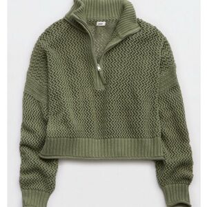 Aerie Sage Green Zip Crotchet Sweater